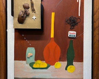 La costura o lo que estaban pensando - Collage surrealista de frutas en jarrón
