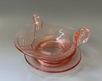 Vtg Fenton Pink Depression Glass Double Swan Handle Mayo Gravy Bowl & Liner