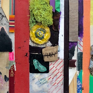 THE KEY to FALLING - Small Square Red Orange Green Striped Found Object Sculpture Painting - Steven Tannenbaum (Original) 8&quot; x 8&quot;