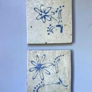 Vtg Pratt & Larson Blue Flower Ceramic Art Tiles 6x6 Studio Pottery Set of 2