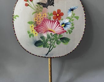 Vtg Chinese Silk Hand Painted Round Hand Fan Butterfly Flowers Bamboo Handle 9"