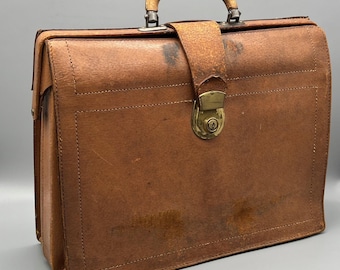 Vtg 1960s Antique Brown Leather Briefcase Doctor Bag Satchel Locked No Key - 15"