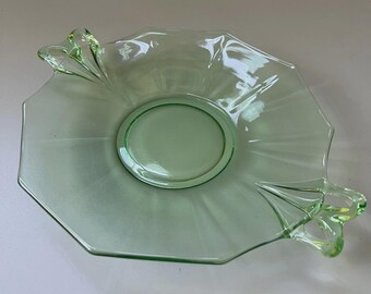Vtg Fostoria Fairfax Green Uranium Glass Double Handle Octagonal Consol Bowl 8”