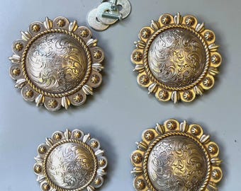 Vtg Ivan Taiwan Western Concho Set Silver Gold Tooled Flower Rosette Lot of 4