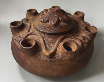 Vtg Hand Carved Wooden Tobacco Jar Humidor Pipe Stand Holder Grape Leaf 8 Slot