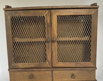 Vtg Wooden Apothecary Spice Cabinet w/ Wire Mesh Doors & Drawer ~ 15 x 3 x 13"