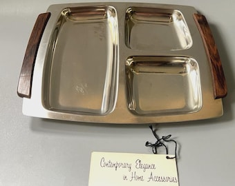 Vtg Georges Briard Stainless Steel Rosewood 3 Section MCM Serving Tray M Wille