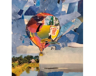 Impresión artística de collage de globo aerostático: ilustración de pájaro en técnica mixta (8,5 x 11 pulgadas)