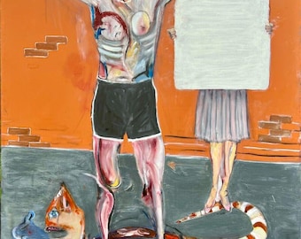 LA FAUZA DEL DÍA Figura de mujer surrealista Gato naranja Pintura al óleo negra - Original