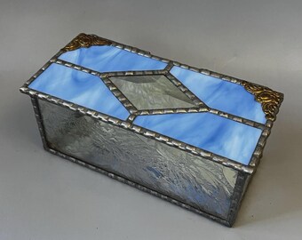 J Devlin Stained Glass Jewelry Box Double Hinged Blue Clear Beveled Keepsake