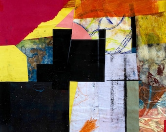 Abstract Collage Painting: Black, Yellow, Red by Steven Tannenbaum (19" x 16")