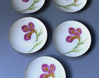 Vtg Koran China Purple Iris Floral Bread Butter Plates Gold Trim Set of 5 4.25"