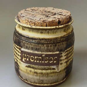 Vtg Studio Pottery PROMISES Stoneware Crock Cork Lid Jar Signed w/ Potters Mark