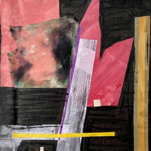 MOMENTARY JUSTICE - Mały czarno-biały żółty i różowy abstrakcyjny kolaż malarski - Steven Tannenbaum (Oryginał) 9" x 11.75"