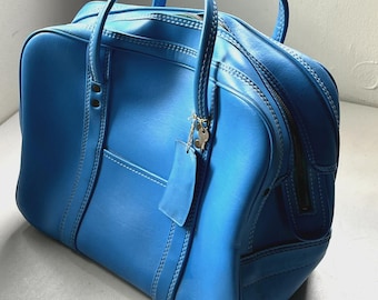 Vtg Blue Vinyl Carry On Duffle Bag DHK Zipper Luggage Weekender with Key - 16"