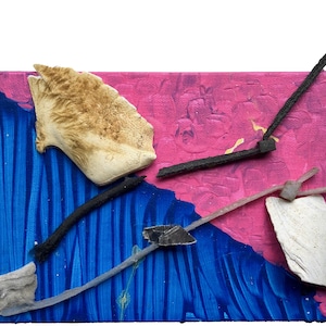Found Object Fish Painting: Small Modern Art Assemblage (6x4 inches)