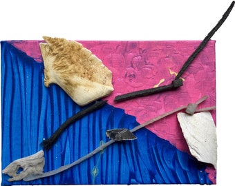 Found Object Fish Painting: Small Modern Art Assemblage (6x4 inches)