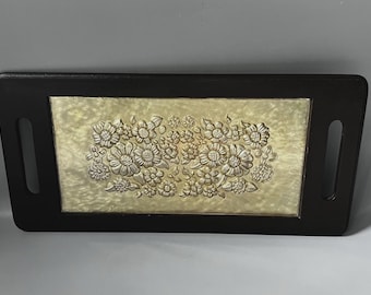 Vtg Luciana Peru Hand Made Repousse Gold Metal Floral Wood Serving Tray Handle