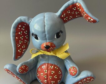 Vtg 1980s Kimple Mold Ceramic Blue Quilted Patchwork Bunny Rabbit Figurine 8"