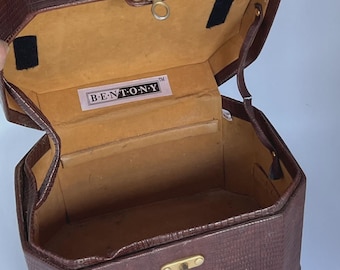 VTG Bentony Lizard Embossed Burgundy Train Case Makeup Vanity Box - 10,5 x 7,5"