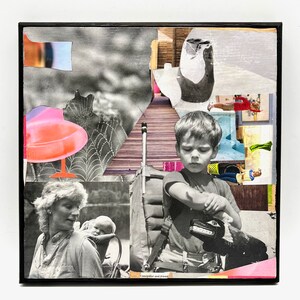 DRINKING W/ CHILDREN... Gray Pink White Hiking Surreal Collage Art - Steven Tannenbaum Original