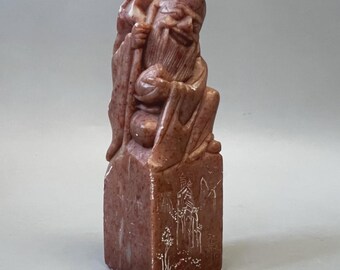 Vtg Chinese Shoushan Stone Chop Seal Carved Shou Lao Immortal Signature Stamp