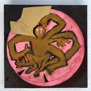 ITCHY EATER - Small Square Pink Black Yellow Spider Many Arms Collage Painting - Steven Tannenbaum Original Tao-E - 8&quot; x 8&quot;