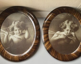 Vtg Faux Tiger Stripe Wood Oval Picture Frame Convex Bubble Glass Pair Set of 2