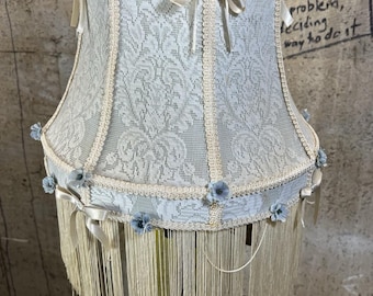 Vintage White Blue Victorian Lace Bell Lamp Shade w/ Bows & Fringe Tassels
