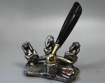 Vtg Three Wise Monkeys Pewter Desk Pen Holder Stand Pretoria South Africa Shield