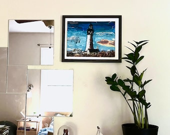 HOMEWARD FOUND Yaquina Head Lighthouse Mixed Media Found Object Collage Painting - Steven Tannenbaum Original