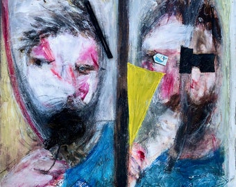 Original Portrait Collage Painting: Brushing My Teeth, Steven Tannenbaum (18x24)