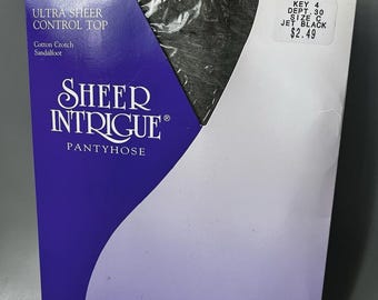 Vtg Sheer Intrigue Control Top Pantyhose Jet Black Size C Sandalfoot Kmart NIP