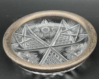 Antieke Amerikaanse briljante ABP geslepen glazen kom sterlingzilver .925 rand 6" schotel