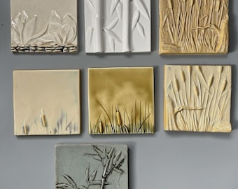 Vtg Pratt & Larson Handmade Ceramic Art Relief Tiles Lot 6x6 Craftsman Nature