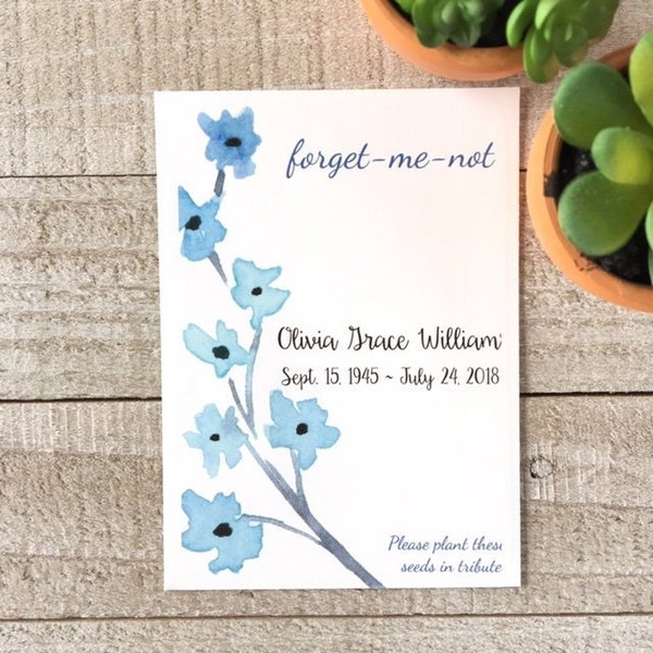 Forget Me Not  personalized seed packet favor memorial service, custom funeral gift, celebration of life memento, favor for funeral service