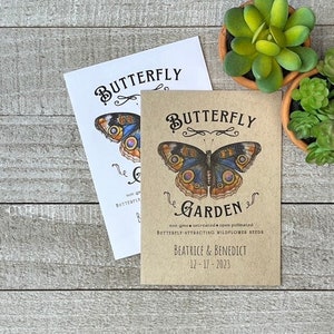 May include: A brown paper seed packet with a butterfly illustration and the text "Butterfly Garden". The packet is labeled with "non GMO, untreated, open pollinated, Butterfly-Attracting Wildflower Seeds". The packet also includes the names "Beatrice & Benedict" and the date "12-17-2023".