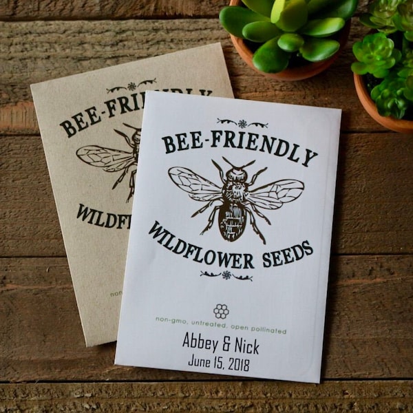 Bee friendly seed packet favor for wedding, bridal, baby shower, mothers day, earth day, personalized party favor in bulk with seed included