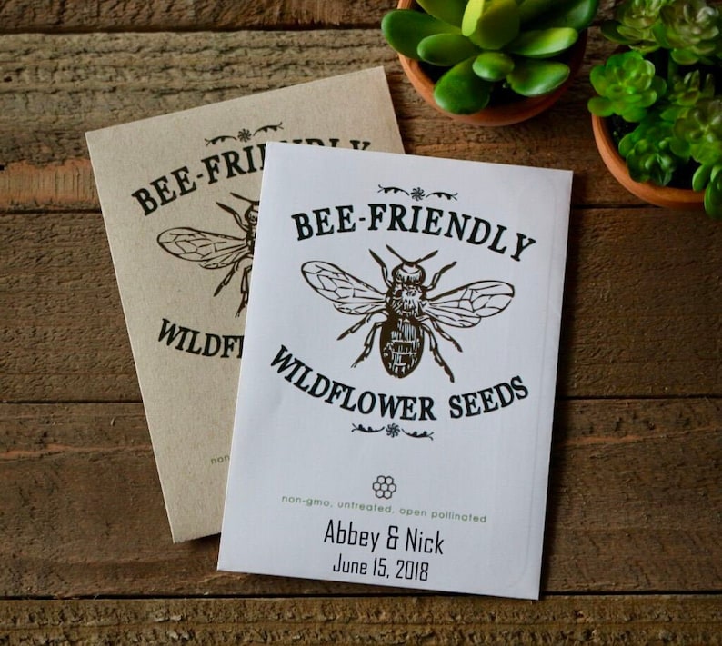 Bee friendly seed packet favor for wedding, bridal, baby shower, mothers day, earth day, personalized party favor in bulk with seed included image 1