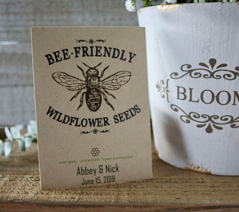 Bee friendly seed packet favor for wedding, bridal, baby shower, mothers day, earth day, personalized party favor in bulk with seed included image 2