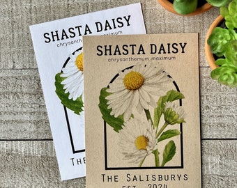 Puede incluir: Dos tarjetas de papel marrón con una ilustración de margarita blanca y el texto "Shasta Daisy Chrysanthemum maximum" y "The Salisburys Est. 2024".