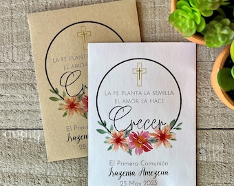 Bautismo Floral o Primera Comunión ESPAÑOL Paquete de Semillas Personalizado Favor con semillas, Faith, Love, Grow