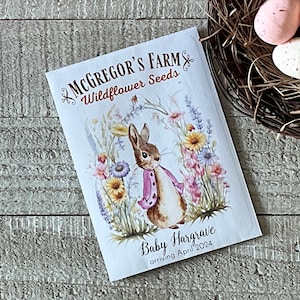 Vintage Rabbit Pink Wildflower Seed Packet with Seeds Included for Baby Shower, Birth Announcment, Birthday Party, Easter Favor