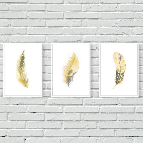 Yellow Watercolour Feathers prints, living room decor, above sofa, painted, set of 3, mustard and grey, wall prints, wall art, home, house
