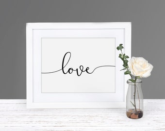 love handwritten wall print, script font, minimalist print, landscape, wall art, black and white, typography, wall decor, black and white