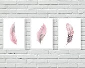 Pink Watercolour Feathers wall art, prints, living room decor, above sofa, painted, set of 3, dusky pink, blush, wall prints, home, house