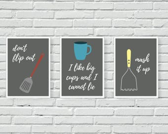 set of three kitchen prints, wall art, quotes, lyrics, don't flip out, I like big cups, mash it up, kitchen decor, wall prints, A4