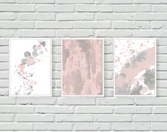 Blush pink watercolour wall prints, abstract wall art, grey decor, set of three, splattered, splat, wall decor, home decor, a3, a4,