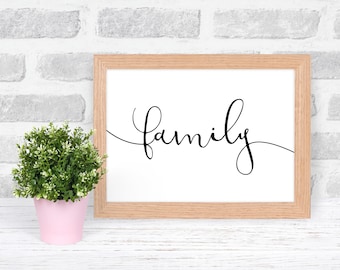 Family handwritten wall print, script font, minimalist print, landscape, wall art, black and white, typography, wall decor, black and white