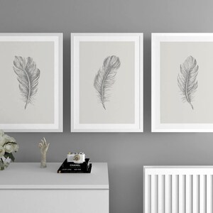 Grey Feathers Wall Art Prints Living Room Decor Above Sofa Etsy